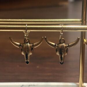 Bull Skull Dangle Earrings - Antique Gold Tone